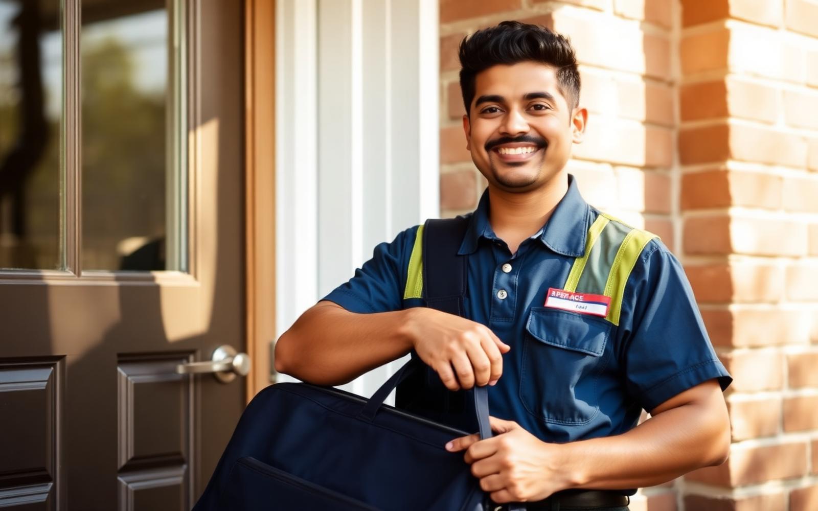 Uniformed appliance repair technician arriving at a customer's doorstep in Mysore